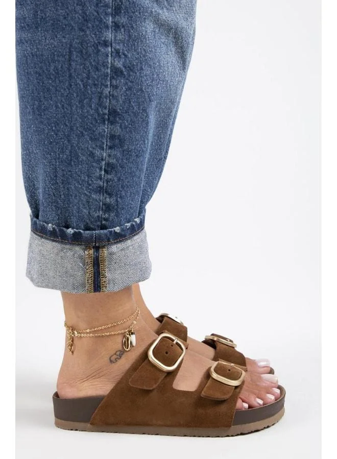 Jazmin Women's Genuine Leather Double Buckle Slide Sandal.