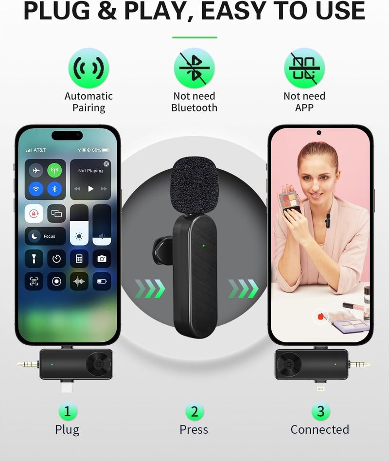 ميكروفون لافاليير لاسلكي احترافي 4 في 1 لجهاز iPhone و Android والكاميرا و iPad - مجموعة ميكروفون مزدوجة للتسجيل والبث المباشر و YouTube و TikTok و Vlogging - Image 4