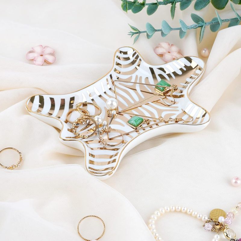 Hand-Painted Ceramic Jewelry Plate Gold Zebra Stripe Ring Dish Earring Holder Bracelet Organizer Jewelry Display Tray for Vanity Nightstand Home Decor - Image 2