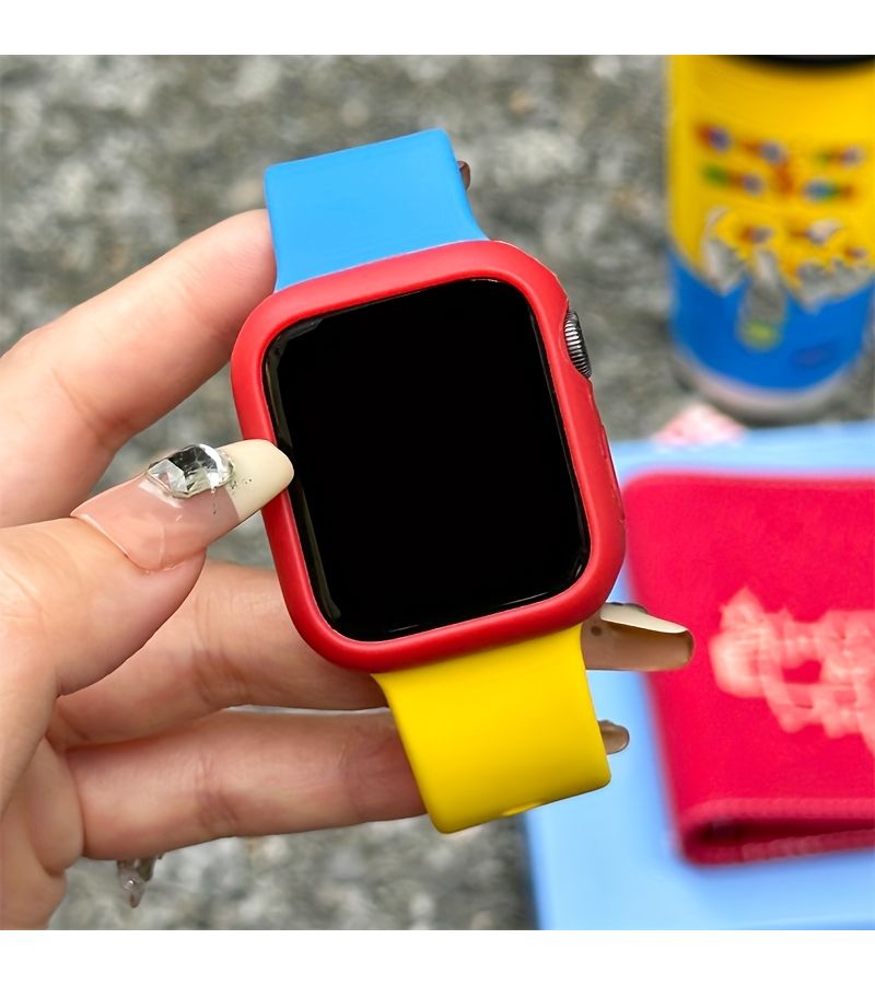حزام رياضي لساعة Apple Watch مقاس 45 مم من السيليكون الناعم مع غطاء حماية متوافق مع سلسلة iWatch 10 و9 و8 و7 SE، تصميم إبريق فراشة إبداعي بلون أزرق وأصفر متباين للجنسين - Image 4