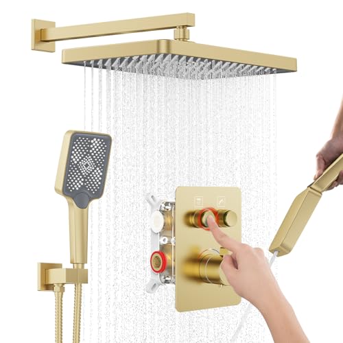 KOJOX Thermostatic Shower System 13Inch Rainfall Shower Head 3 Setting Handheld Sprayer Complete Bathroom Set with Faucet Mixer Trim Kit Valve Brushed Gold - Image 1