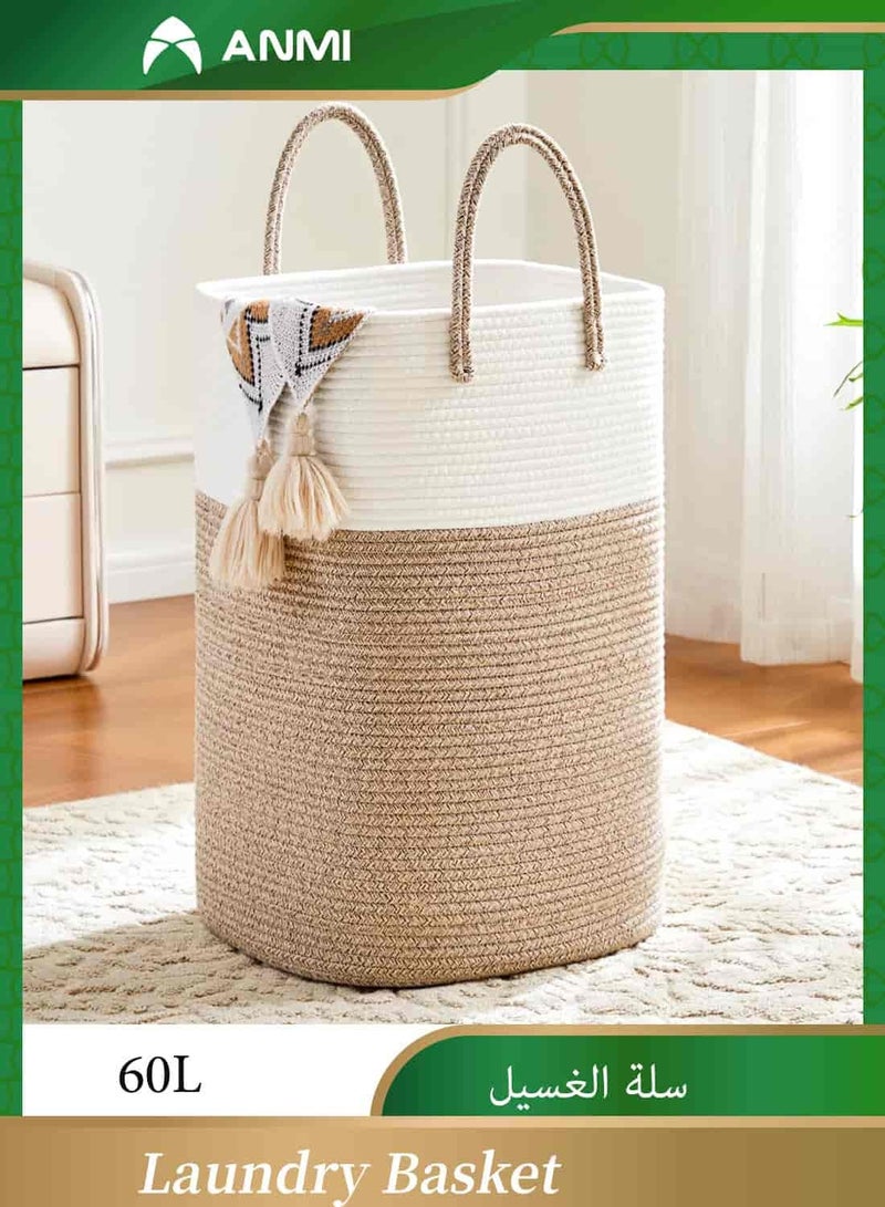أنمي سلة غسيل سعة 60 لتر، سلة غسيل منسوجة بحبل قطني، سلة غسيل متعددة الاستخدامات لتخزين الملابس المتسخة وألعاب الأطفال والبطانيات في الحمام والحضانة وغرفة المعيشة - Image 1