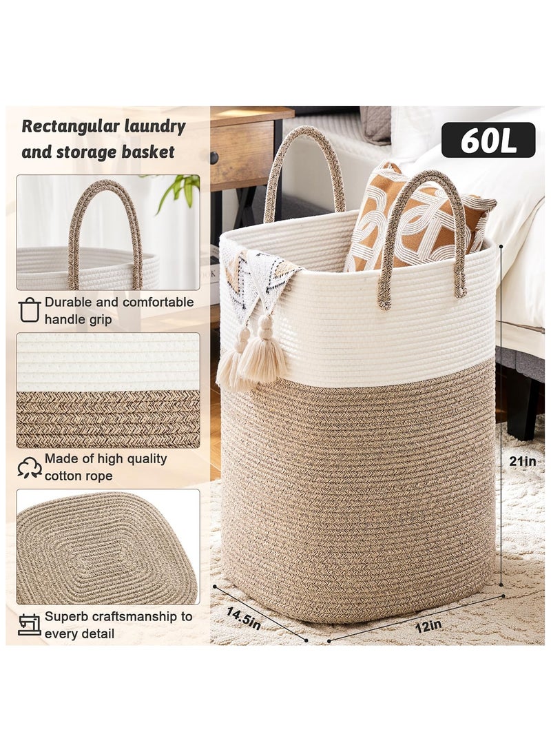 أنمي سلة غسيل سعة 60 لتر، سلة غسيل منسوجة بحبل قطني، سلة غسيل متعددة الاستخدامات لتخزين الملابس المتسخة وألعاب الأطفال والبطانيات في الحمام والحضانة وغرفة المعيشة - Image 2