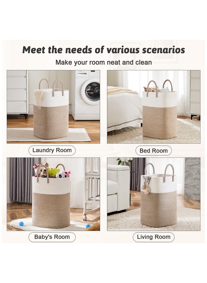 أنمي سلة غسيل سعة 60 لتر، سلة غسيل منسوجة بحبل قطني، سلة غسيل متعددة الاستخدامات لتخزين الملابس المتسخة وألعاب الأطفال والبطانيات في الحمام والحضانة وغرفة المعيشة - Image 3