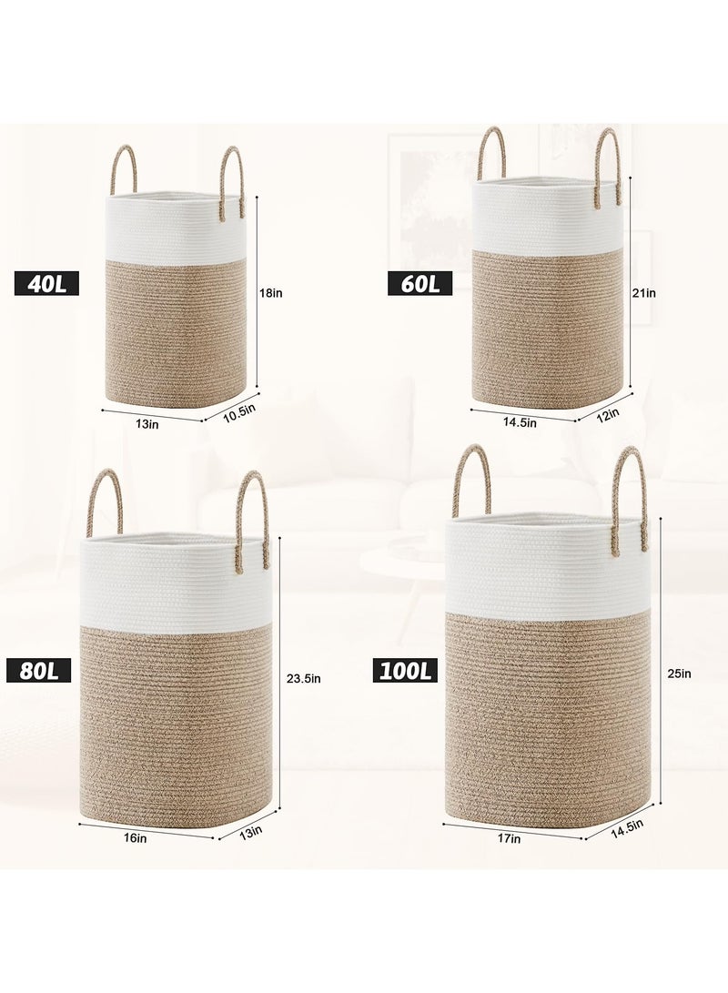 أنمي سلة غسيل سعة 60 لتر، سلة غسيل منسوجة بحبل قطني، سلة غسيل متعددة الاستخدامات لتخزين الملابس المتسخة وألعاب الأطفال والبطانيات في الحمام والحضانة وغرفة المعيشة - Image 4