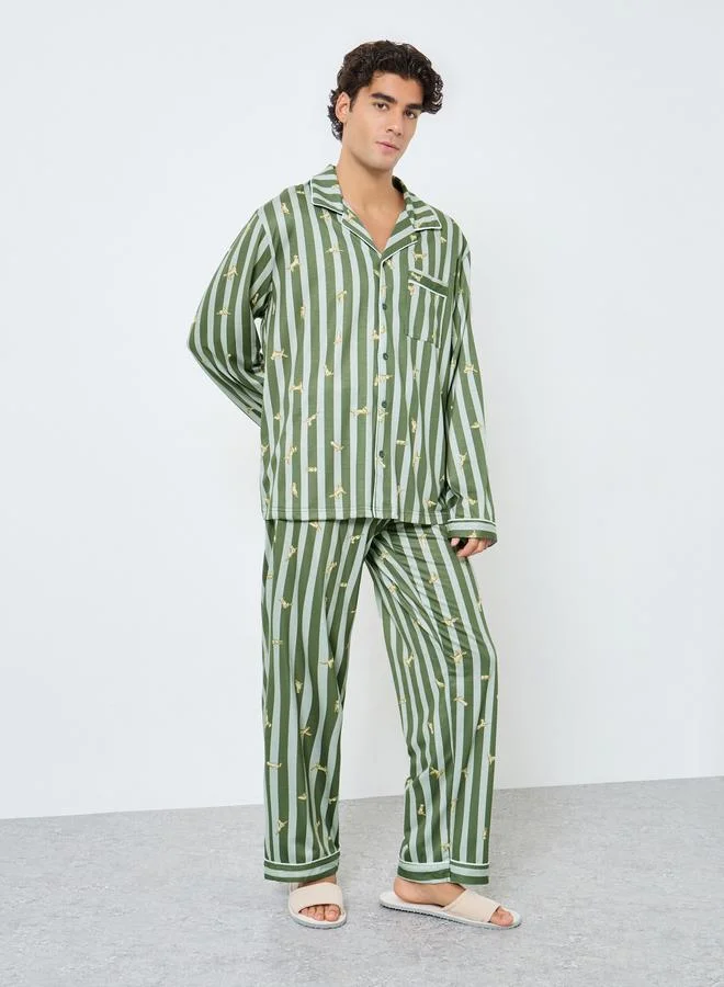 Styli Men Striped Oversized Shirt and Pyjama Set