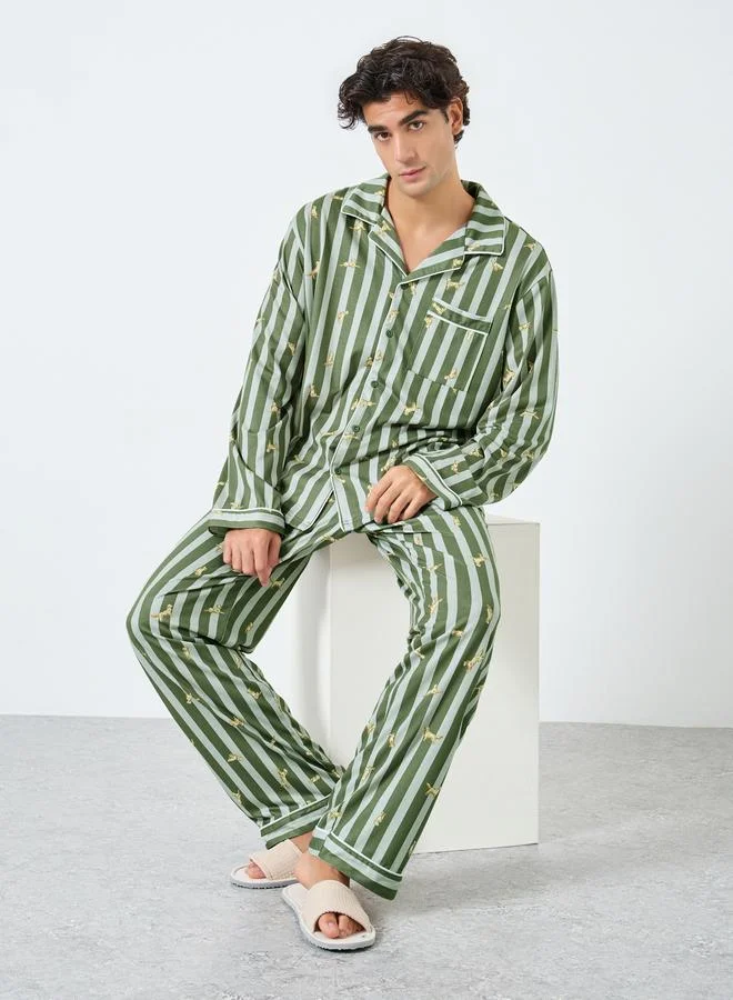 Men Striped Oversized Shirt and Pyjama Set