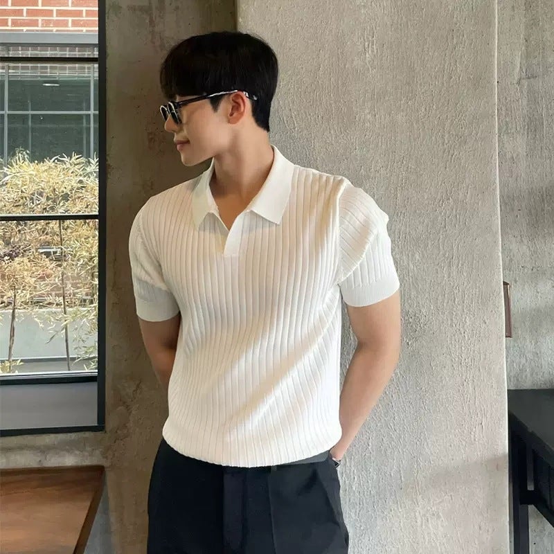 Summer Slim Fit Striped Polo Shirt Men Casual Knit Top Apricot