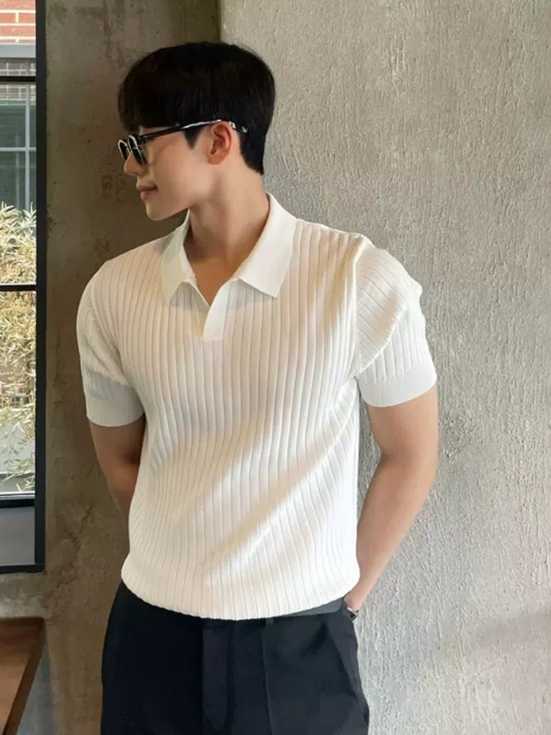 Summer Slim Fit Striped Polo Shirt Men Casual Knit Top Apricot