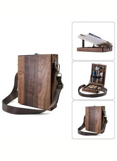 Art Messenger Wood Box, Vintage Portable Wooden Handmade Crossbody Postman Bag, Multifunctional Tabletop Easel Storage Case for Drawing & Sketching