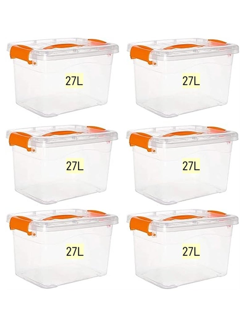 6pcs Plastic Storage Boxes, 27L Clear Stackable Containers With Lockable Lids, Clear Plastic Organizer – Transparent Box Storing Toys, Shoes, Kitchen Items, Snacks, Tools, Medicine  - Image 1