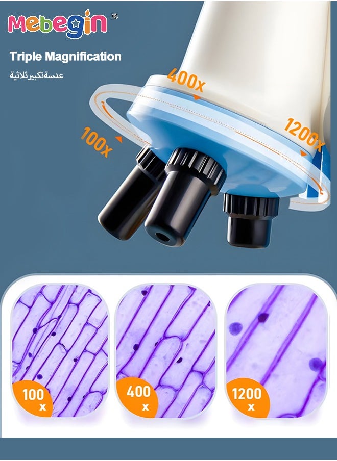 مجاهر 1200X للأطفال الطلاب مع 12 قطعة من الشرائح المجهرية مع مصابيح LED محمولة باليد قوية تشتمل على 24 عينة مجاهر بيولوجية للتعليم المنزلي في المختبر المدرسي