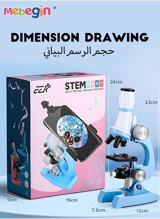 مجاهر 1200X للأطفال الطلاب مع 12 قطعة من الشرائح المجهرية مع مصابيح LED محمولة باليد قوية تشتمل على 24 عينة مجاهر بيولوجية للتعليم المنزلي في المختبر المدرسي
