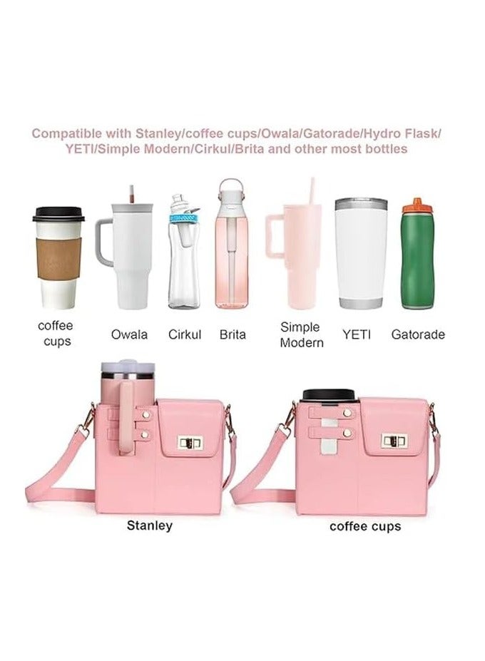 Outdoor Portable Crossbody Water Cup Storage Bag,Multifunctional Leather Cup Bag with Storage Pocket for Women,Pink Purse with Water Bottle Pocket for Hiking Travelling u0026Camping - Image 4