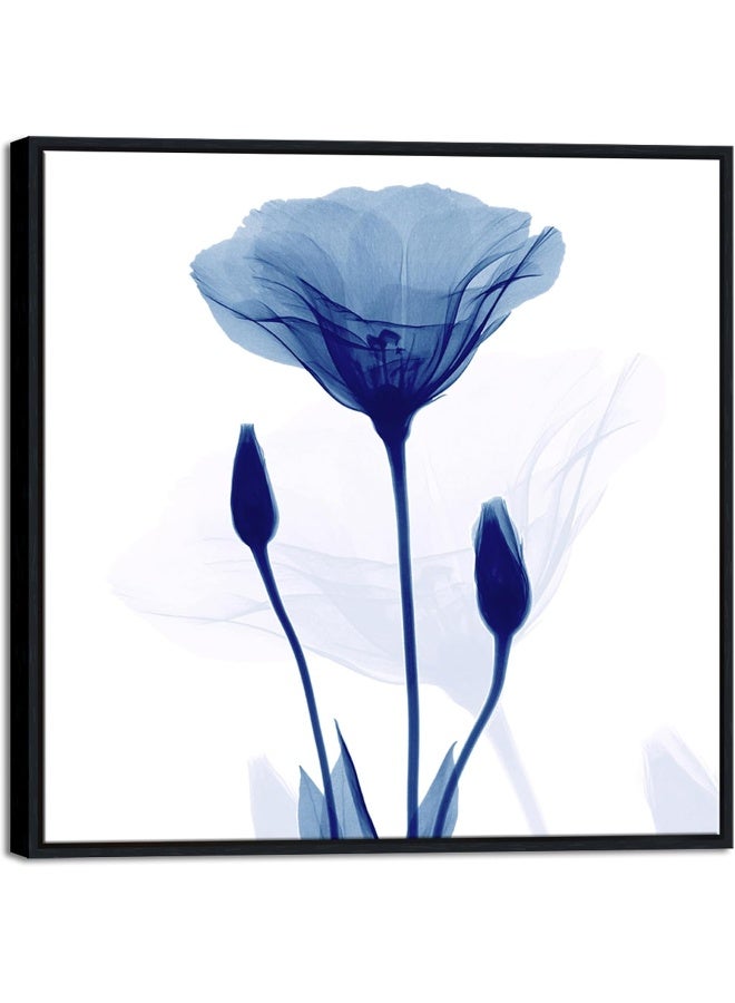 Pyradecor Large Black Framed Abstract Blue Flickering Flower Modern Paintings Canvas Wall Art - Image 1