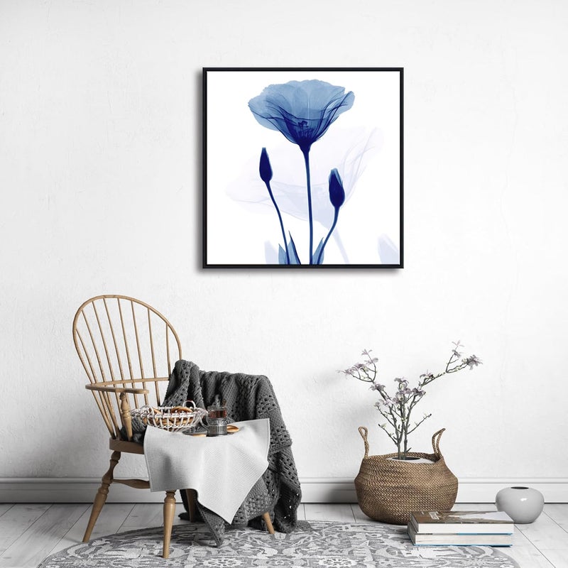 Pyradecor Large Black Framed Abstract Blue Flickering Flower Modern Paintings Canvas Wall Art - Image 2