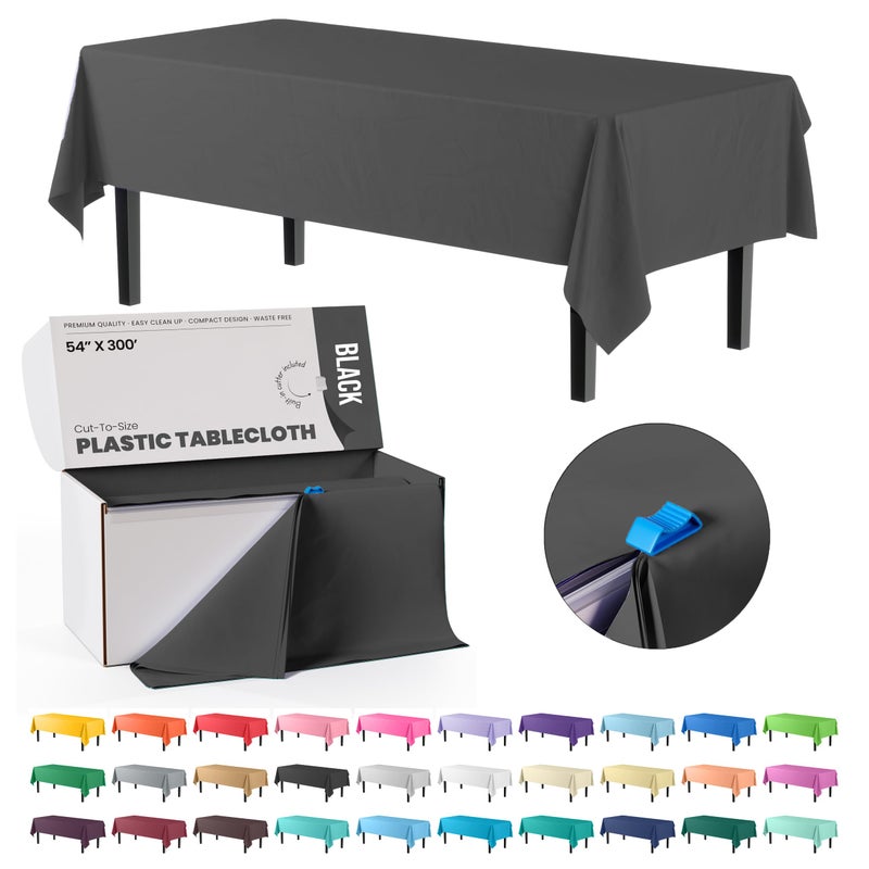 Party Solids Exquisite Party Solids 54 Inch X 300 Feet Black Plastic Table Cover Roll in A Cut  to  Size Box with Convenient Slide Cutter Cuts Up to 36 Rectangle 8 Feet Plastic Disposable Tablecloths