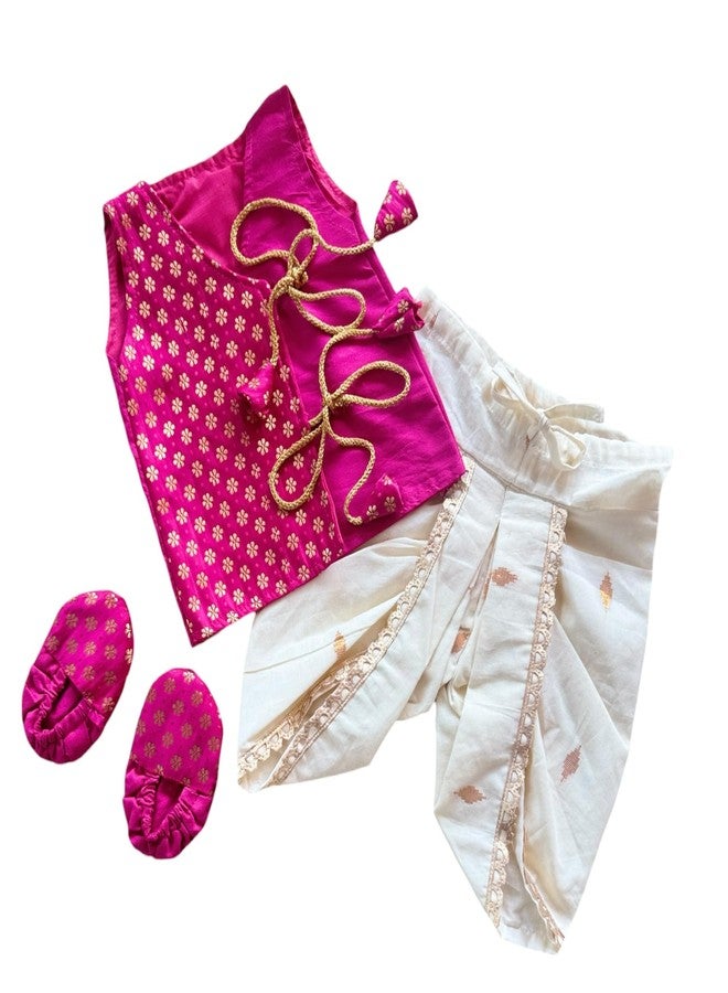 Picksparrow Boys Traditional Jhabla Dhoti Set with Booties, Silk Cotton Top with Cotton Lurex Pants (Floral-Diamond) (Magenta, 0-3 Months) - Image 1