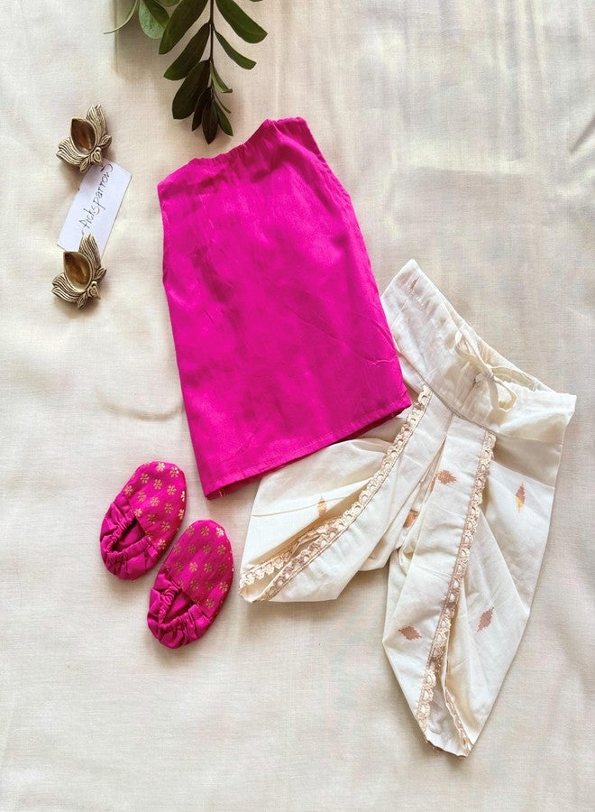 Picksparrow Boys Traditional Jhabla Dhoti Set with Booties, Silk Cotton Top with Cotton Lurex Pants (Floral-Diamond) (Magenta, 0-3 Months) - Image 3