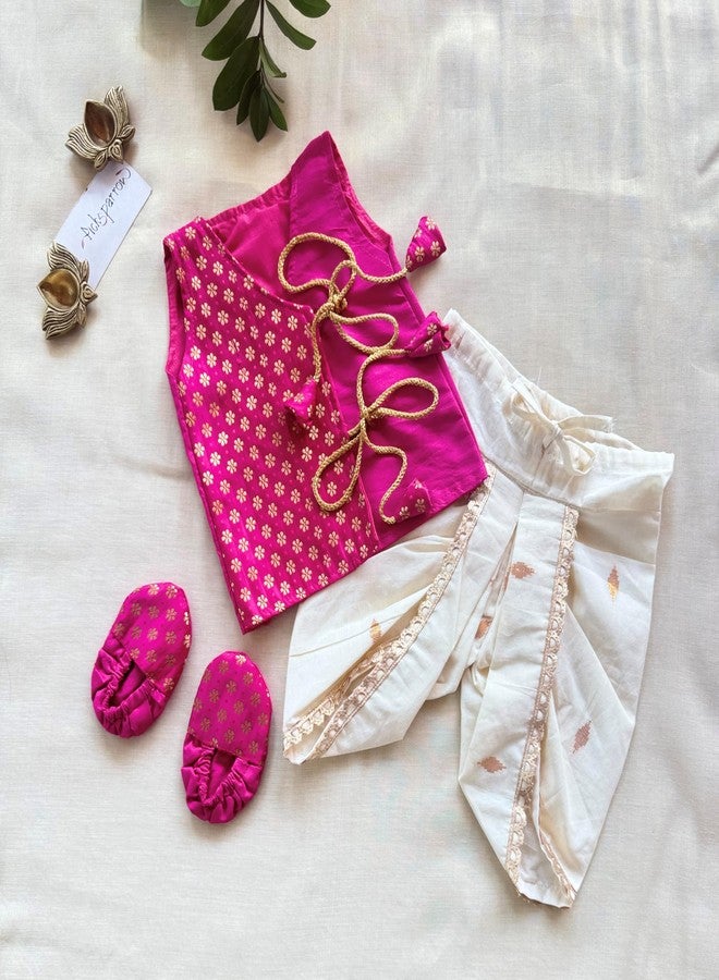 Picksparrow Boys Traditional Jhabla Dhoti Set with Booties, Silk Cotton Top with Cotton Lurex Pants (Floral-Diamond) (Magenta, 0-3 Months) - Image 2