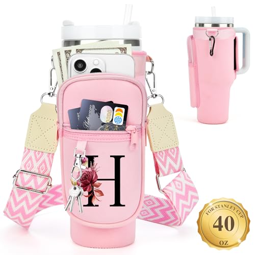 LOKASS Personalized Water Bottle Holder with Strap for Stanley Cup Accessories 40 oz Initial for Stanley Cup Holder Carrier Bag with Phone Pocket Stylish Tumbler Accessories Gifts for Women Pink - Image 1