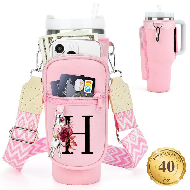 LOKASS Personalized Water Bottle Holder with Strap for Stanley Cup Accessories 40 oz Initial for Stanley Cup Holder Carrier Bag with Phone Pocket Stylish Tumbler Accessories Gifts for Women Pink - Image 2