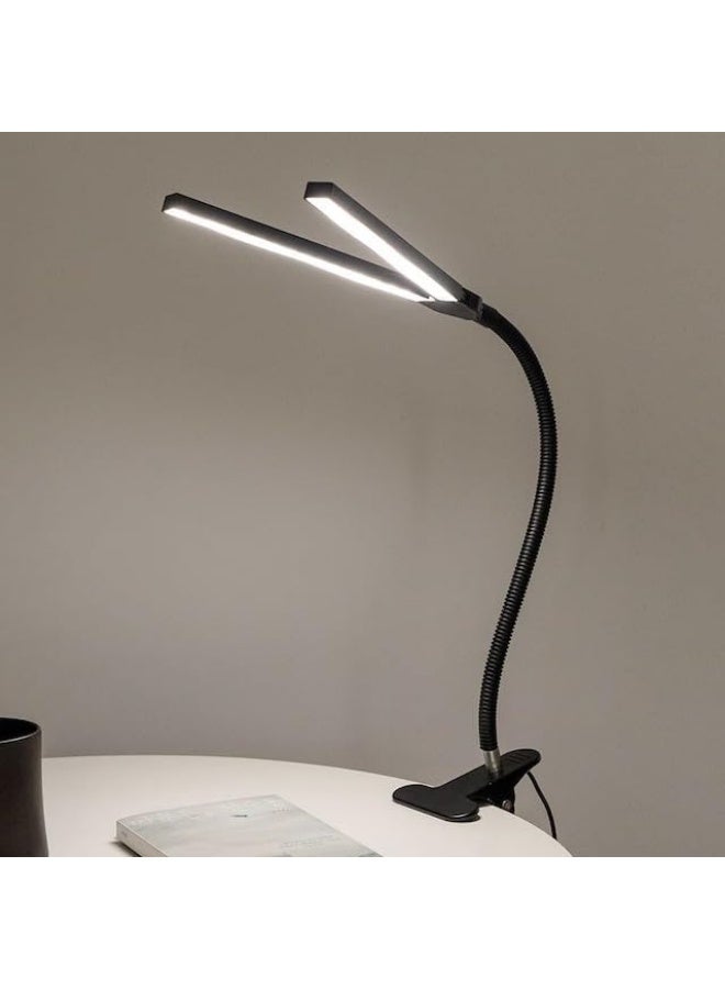 Dual-head LED desk lamp with clip and 360-degree flexible arm – black color, ideal for reading, studying, and office work. - Image 1