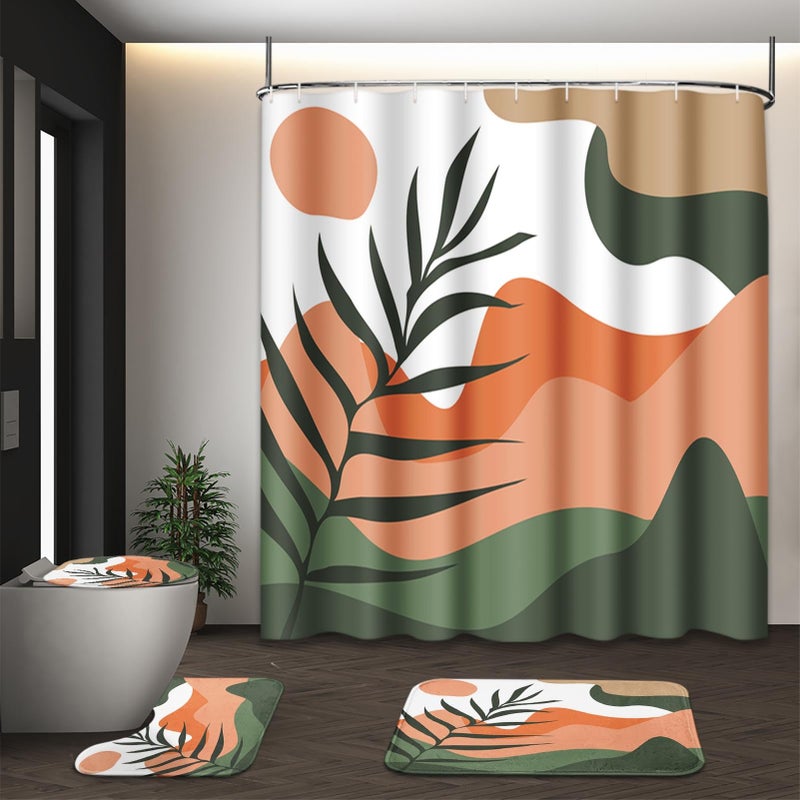 Tayney Boho Mid Century Shower Curtain Set with Toilet Lid Cover and NonSlip Rugs Abstract Sun Mountain Plants 4 Pcs Modern Shower Curtain for Bathroom Set with 12 Hooks