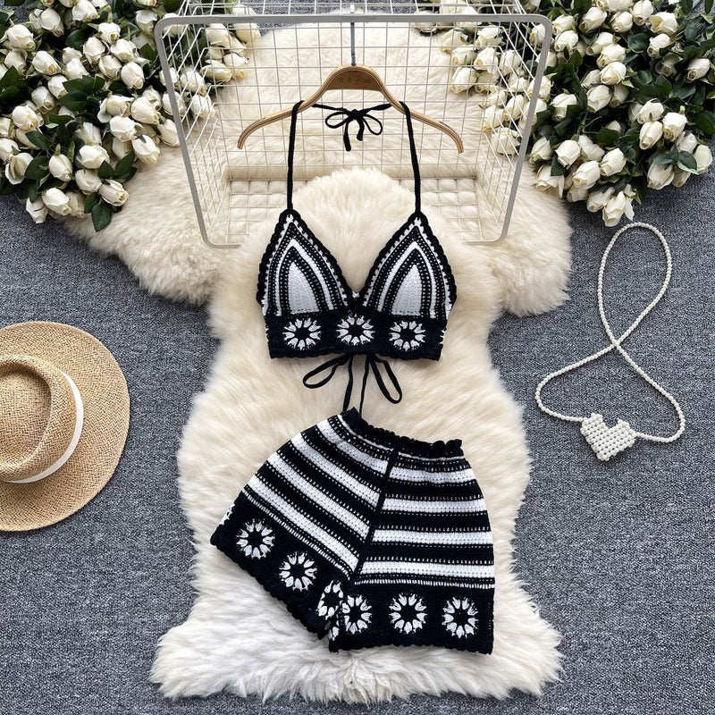 Sweet Spice Girl Holiday Style Suit Women'S Chic Hollow Crochet Hanging Neck Strap Vest High Waist Knitted Shorts - Image 5