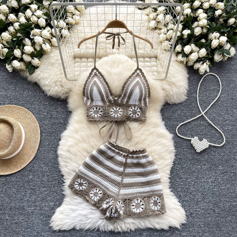 Sweet Spice Girl Holiday Style Suit Women'S Chic Hollow Crochet Hanging Neck Strap Vest High Waist Knitted Shorts - Image 3