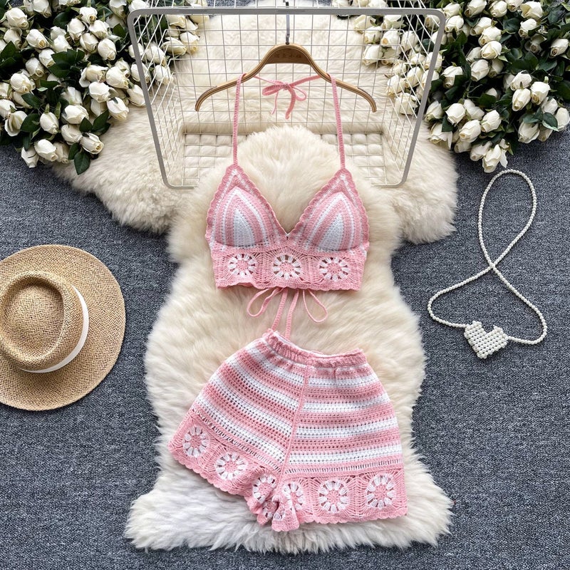 Sweet Spice Girl Holiday Style Suit Women'S Chic Hollow Crochet Hanging Neck Strap Vest High Waist Knitted Shorts - Image 4