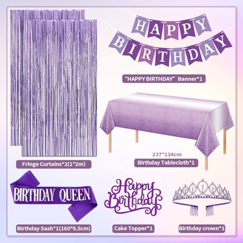 KISPATTI Purple Birthday Decorations Purple Party Decorations with Balloons Happy Birthday Banner Bday Sash and Crown Tablecloth Fringe Curtain Paper Pom Poms for Women Girls Bday Decor - Image 5