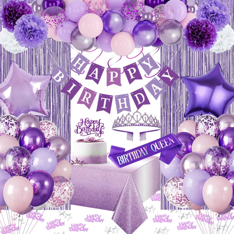 KISPATTI Purple Birthday Decorations Purple Party Decorations with Balloons Happy Birthday Banner Bday Sash and Crown Tablecloth Fringe Curtain Paper Pom Poms for Women Girls Bday Decor - Image 3