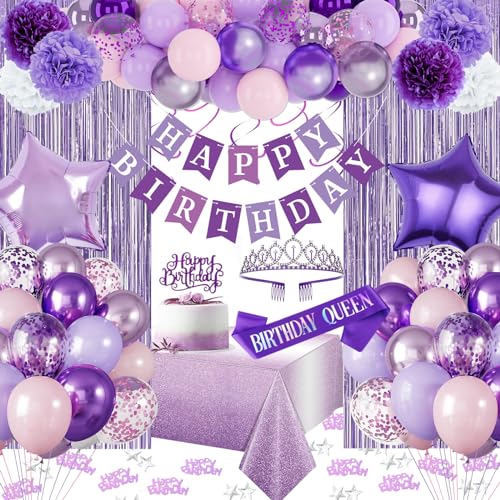 KISPATTI Purple Birthday Decorations Purple Party Decorations with Balloons Happy Birthday Banner Bday Sash and Crown Tablecloth Fringe Curtain Paper Pom Poms for Women Girls Bday Decor - Image 1