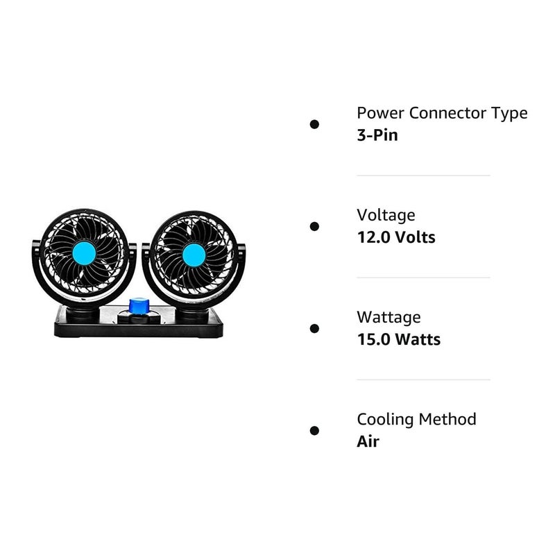 Trest Car Fan 12V 360 Degree Rotatable Dual Head 2 Speed Quiet Strong Dashboard Auto Cooling Air Fan for All Auto Vehicles - Image 2