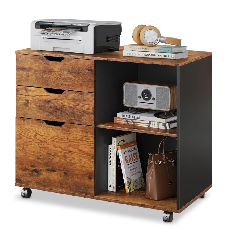 DEVAISE خزانة ملفات خشبية متحركة 3 أدراج من ديفايز، خزانة ملفات جانبية مع رفوف تخزين مفتوحة لمكتب المنزل، بني ريفي