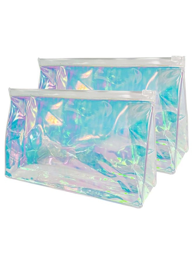 TotePrint 2 PCS Holographic Clear Makeup Bag Bulk,Zipper Portable Waterproof Toiletry Pouch,Iridescent Storage Cosmetic Bags for Women (Blue) - Image 1