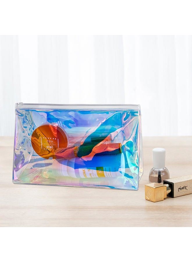 TotePrint 2 PCS Holographic Clear Makeup Bag Bulk,Zipper Portable Waterproof Toiletry Pouch,Iridescent Storage Cosmetic Bags for Women (Blue) - Image 3