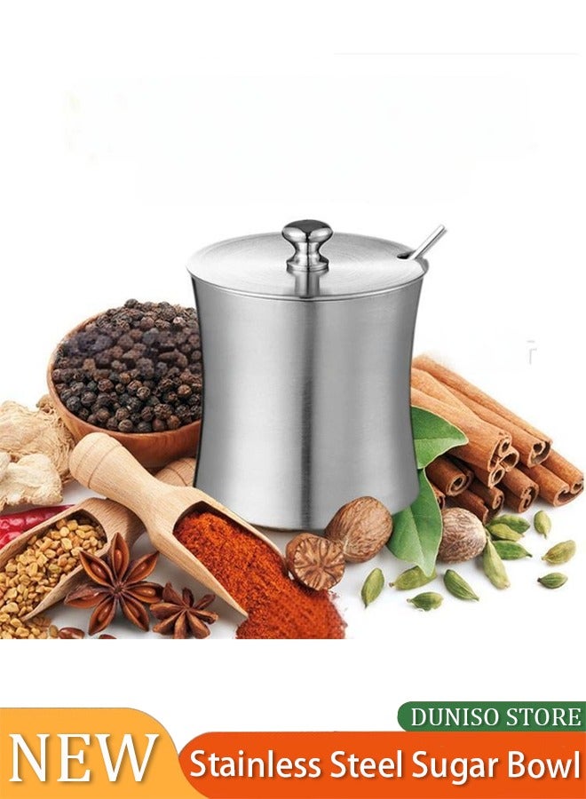 Stainless Steel Sugar Bowl, with Lid and Spoon, Silver, Round, Geometric Pattern, Durable, Rust Resistant, Dishwasher Safe, Home and Kitchen Storage - Image 1