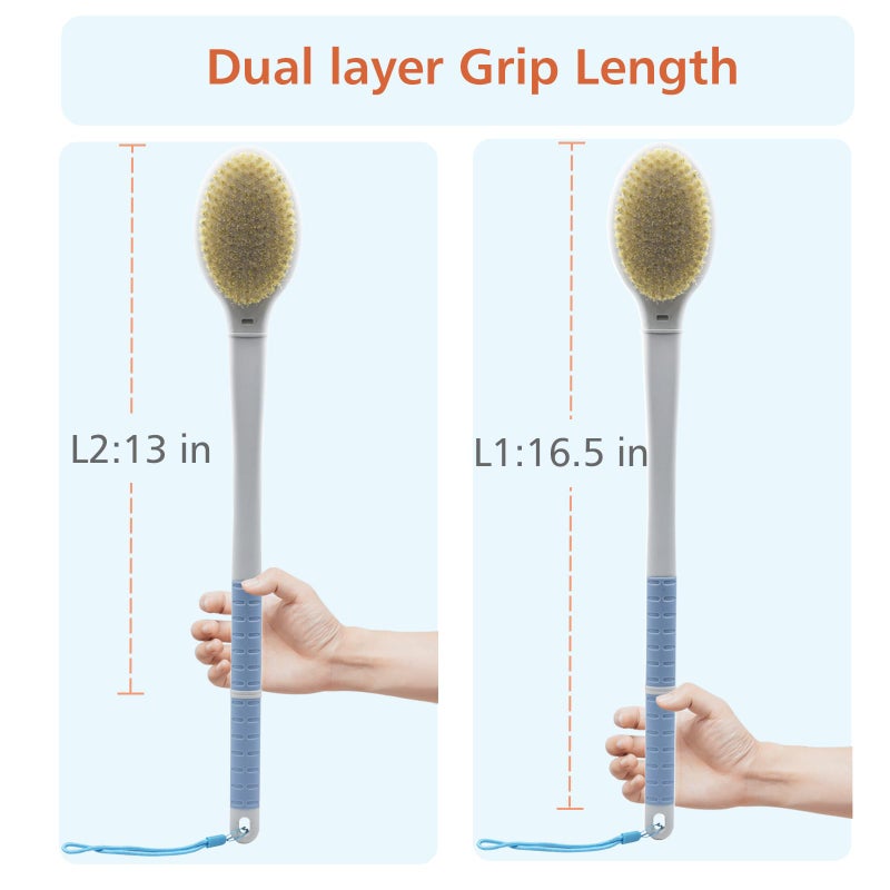 HONOMA Shower Brush with Soft and Stiff Bristles,17.5" Long Handle Dual-Sided Back Scrubber Bath Brush Body Exfoliator for Wet or Dry Brushing (Long Handle) - Image 4