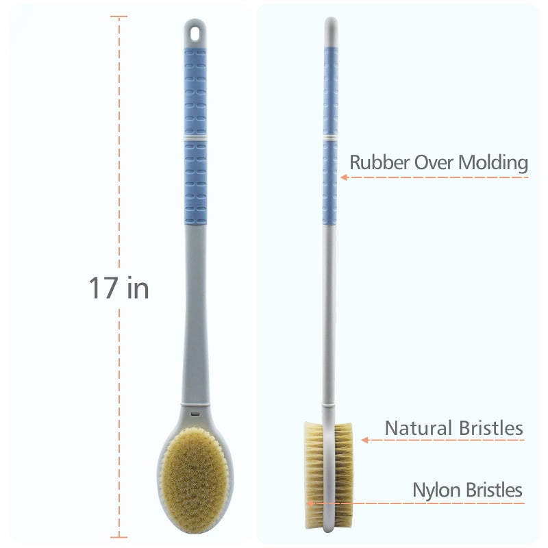 HONOMA Shower Brush with Soft and Stiff Bristles,17.5" Long Handle Dual-Sided Back Scrubber Bath Brush Body Exfoliator for Wet or Dry Brushing (Long Handle) - Image 3