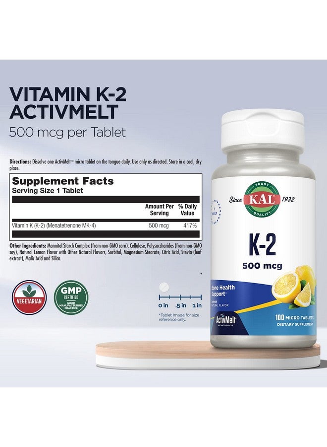 KAL Vitamin K2 500 mcg, Bone, Heart and Artery Health Supplement as Vitamin K2 MK4, Bone Strength and Cardiovascular Function Support, Natural Lemon ActivMelts, Vegetarian, 100 Serv, 100 Micro Tablets - Image 3