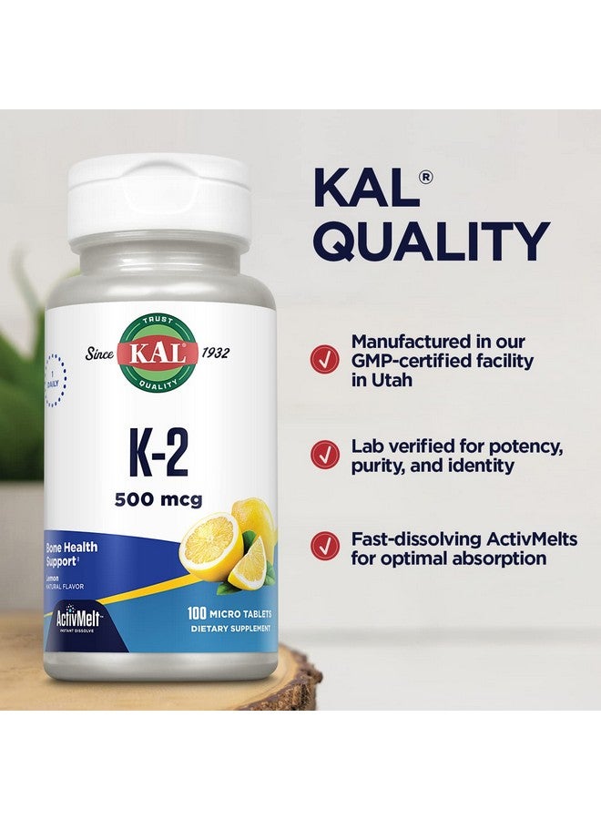 KAL Vitamin K2 500 mcg, Bone, Heart and Artery Health Supplement as Vitamin K2 MK4, Bone Strength and Cardiovascular Function Support, Natural Lemon ActivMelts, Vegetarian, 100 Serv, 100 Micro Tablets - Image 5