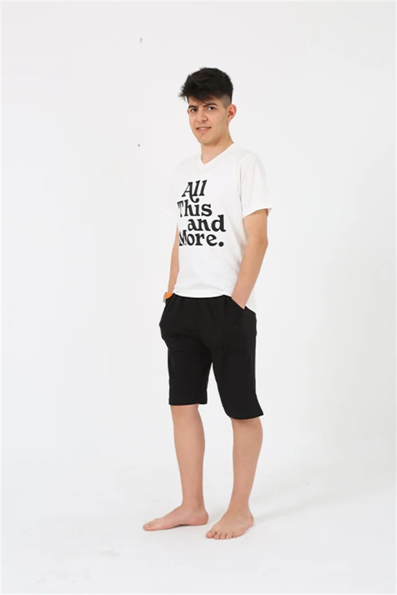 Akbeniz Male Young Waiter Boy Short Sleeve Ecru Combed Cotton Shorts Pajamas Set 20377