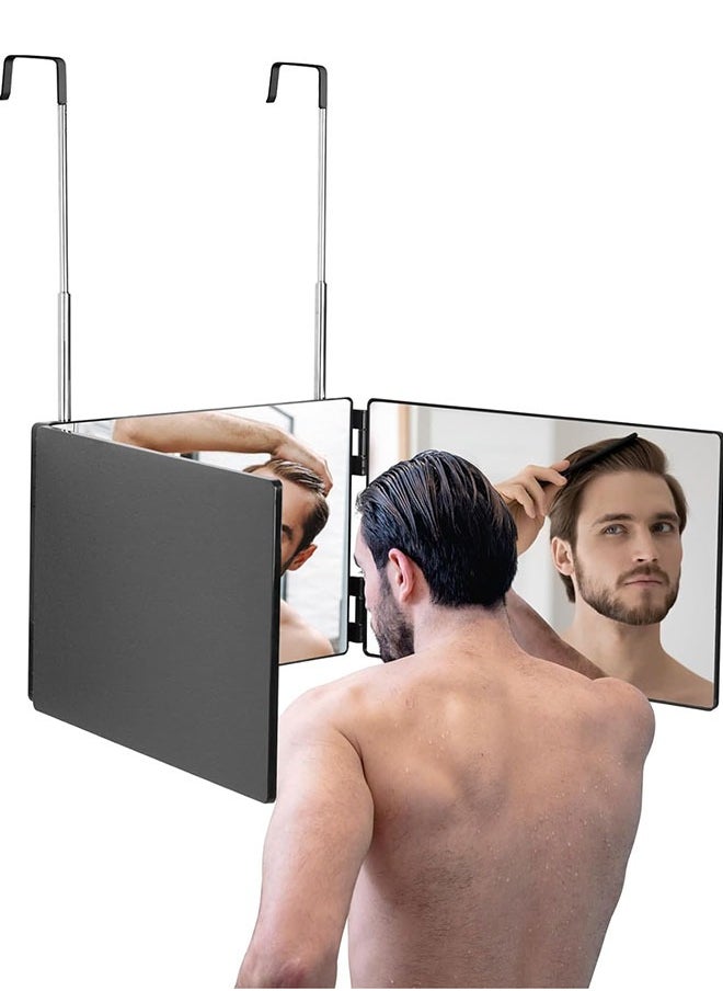 3 Way Mirror for Hair Cutting - Rechargeable 360° Barber Mirror with Adjustable Lights & Height Telescoping Hooks, Trifold Self Cut Mirror  - Image 1