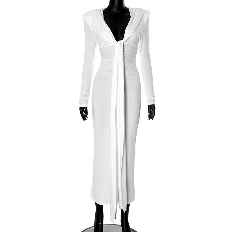Y24Ds637 European and American Style Cross-Border Womens Autumn and Winter Deep V Shoulder Pad Bandage Pleated Waist-Covering Pure Color Dress White