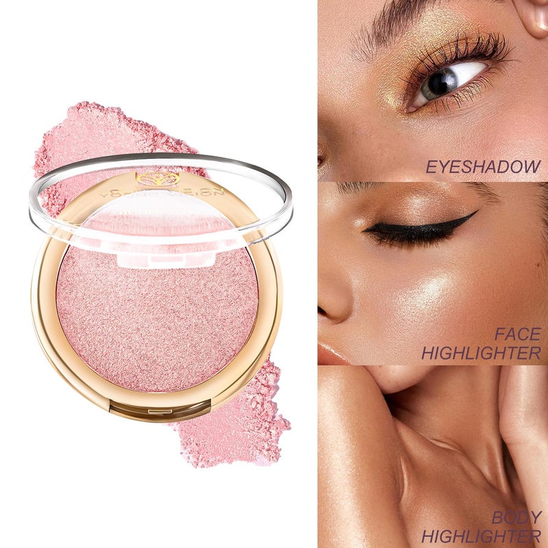 YOUNG VISION Pressed Powder Highlighter, Baked Natural Glow Contour Powder & Face Highlighter, Cruelty-Free, Shimmer Highlighting Makeup for Face, Eye, Eyeshadow, Body, Skin, Xmas Gift (Pink) - Image 2