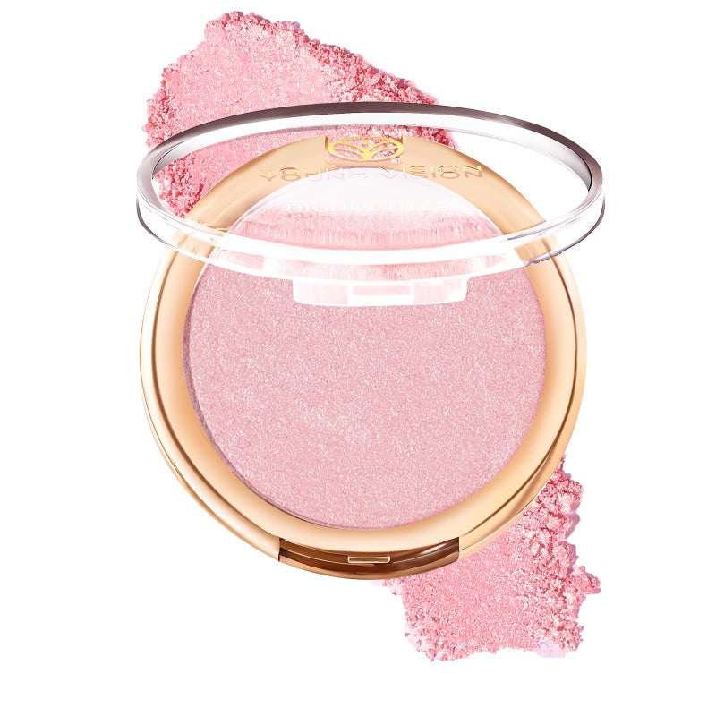 YOUNG VISION Pressed Powder Highlighter, Baked Natural Glow Contour Powder & Face Highlighter, Cruelty-Free, Shimmer Highlighting Makeup for Face, Eye, Eyeshadow, Body, Skin, Xmas Gift (Pink) - Image 1