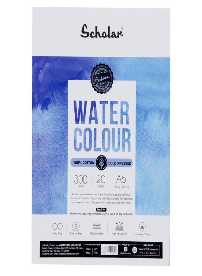 Scholar 100% Cotton Watercolor Paper - 300 GSM Medium Textured Artist Paper | Cold Pressed Premium Professional Watercolour Sheets for Washes, Layering & Fine Art Painting (20 Loose Sheets) (A5) - Image 1