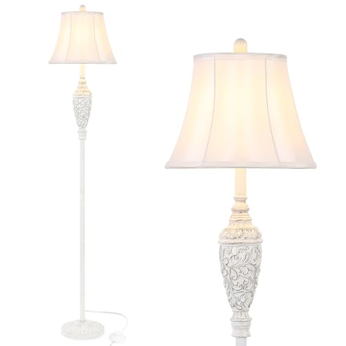 Sheetea 65’’ Vintage Floor Lamp for Living Room, Traditional White Standing Lamp with Carved Resin Base and Foot Switch, Classic Farmhouse Tall Pole Lamp, Bedroom, Office - Image 1